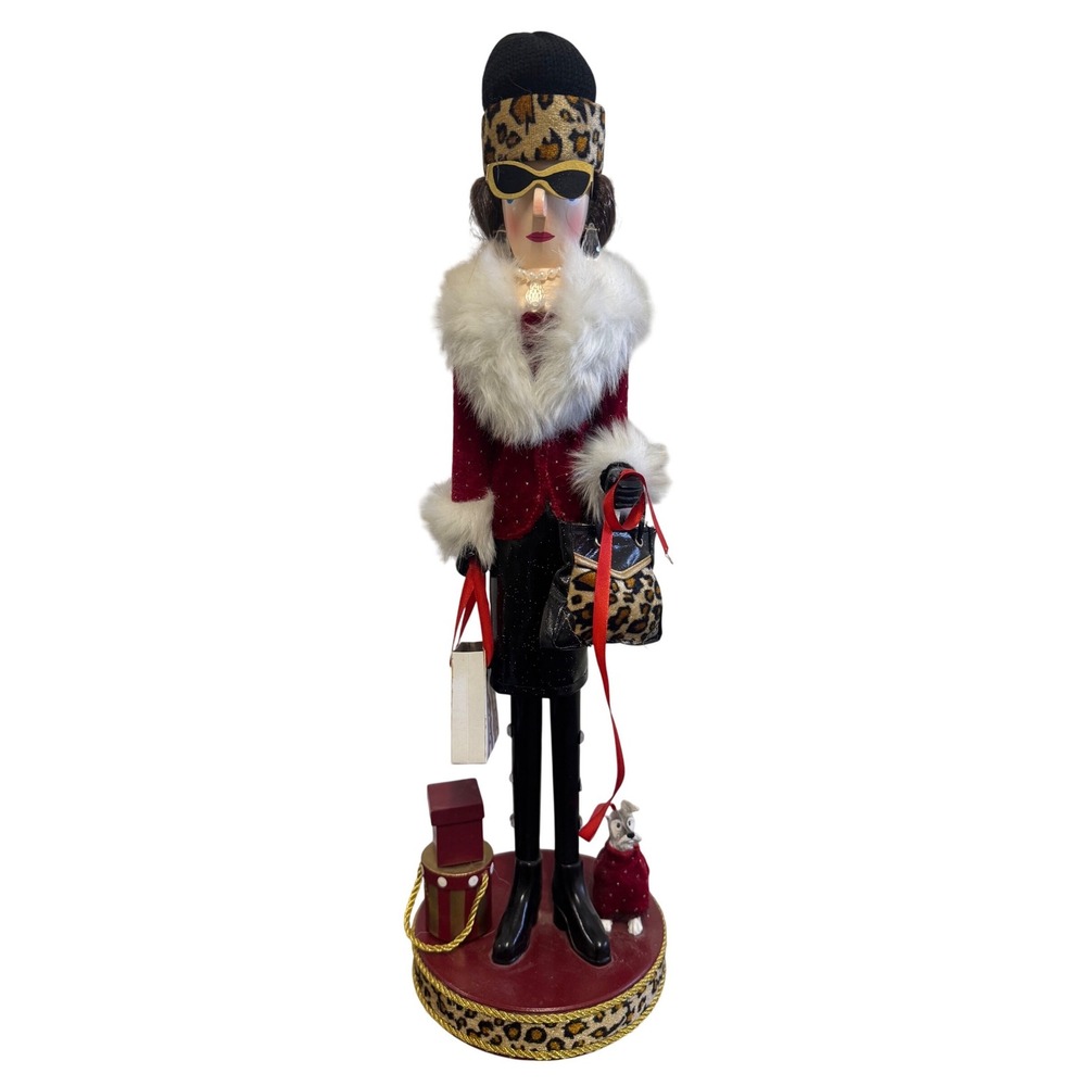 Pier 1 Imports Fashionista Nutcracker Leopard Print Shopping Lady with Dog Red
